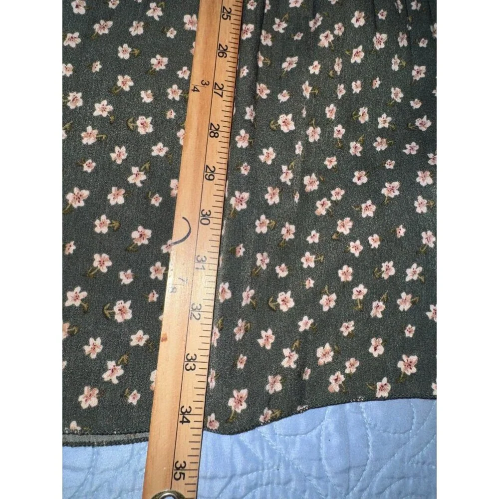 Floral Pleated Midi Skirt Green With Pink & White Flowers Large 100% Cotton Vint - Picture 6 of 6